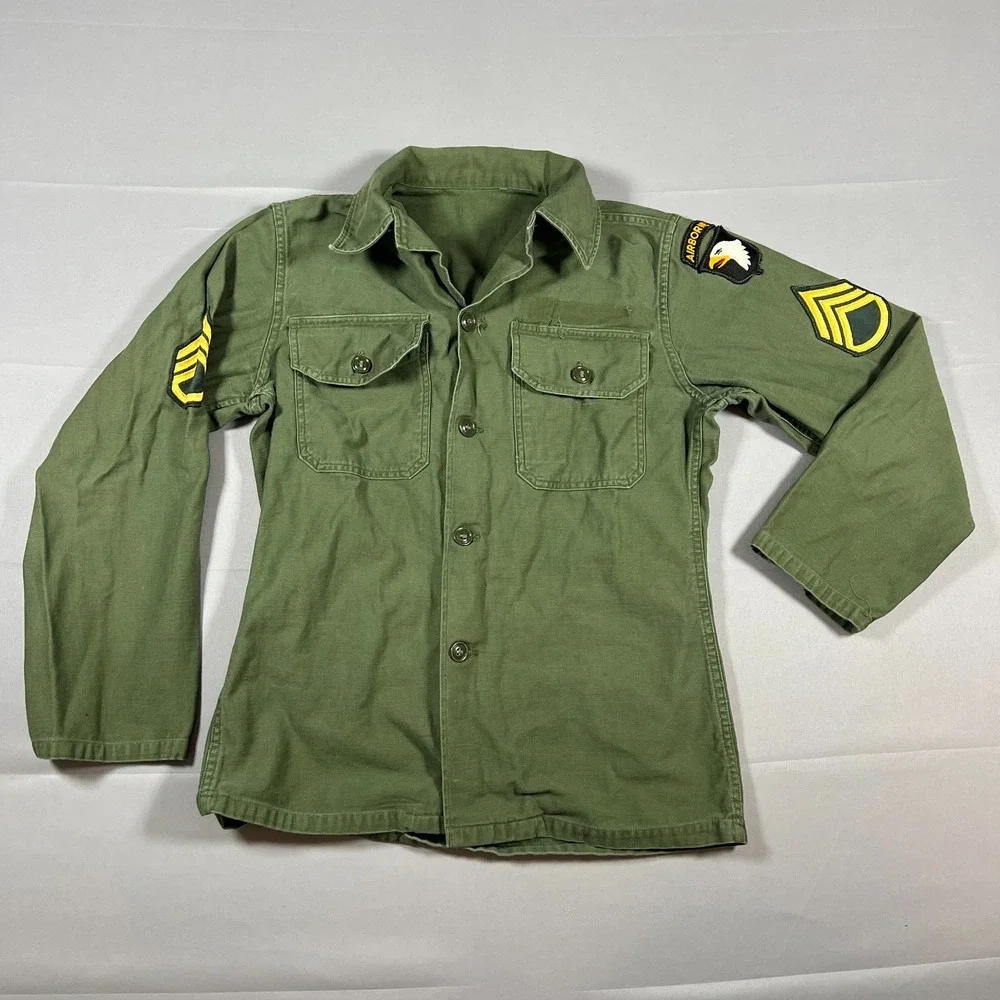 Airborne Division Military‎ Shirt Mens M Olive Green Cotton Sateen Button Front
